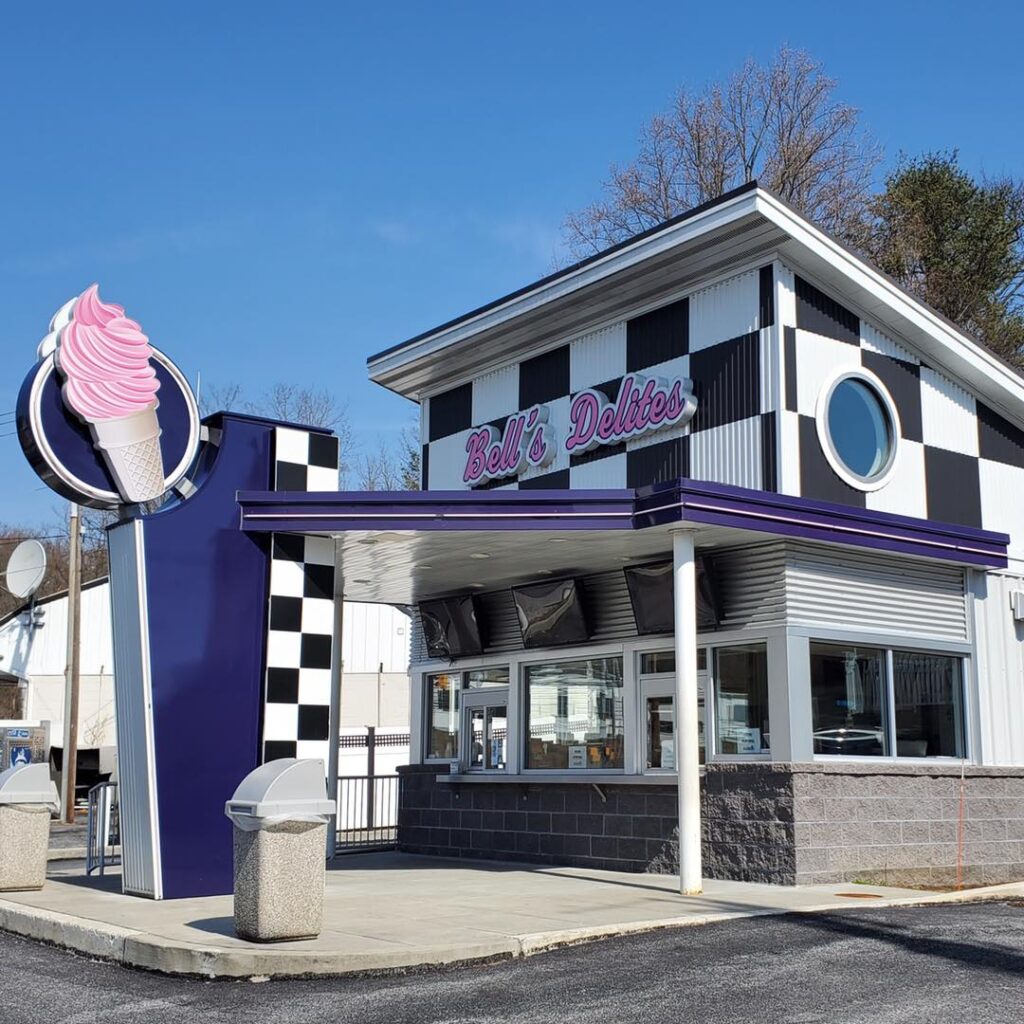 Bell's Delites storefront with checkerboard exterior and soft serve cone sign, Parkesburg, PA