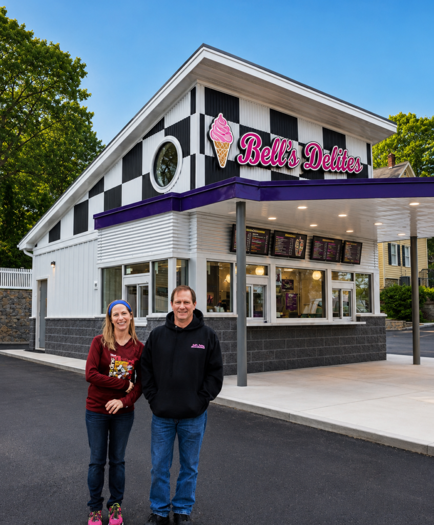 Ray and Nicole, owners of Bell's Delites, standing outside the Parkesburg, PA storefront